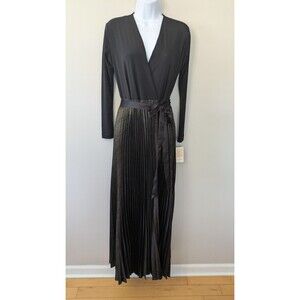LuLaRoe Elegant Deanne Wrap Dress XXS Black Gold Pleated Maxi Long Sleeve NWT